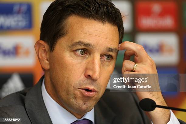 Coach of Anderlecht Benik Hasi answers to the media following the UEFA Europa League match between RSC Anderlecht and AS Monaco FC at Stade Constant...