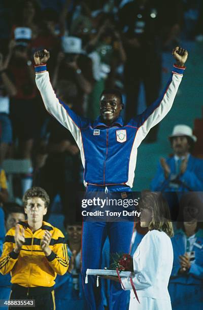 American athlete Carl Lewis at the Los Angeles Memorial Coliseum during the Olympic Games, Los Angeles, August 1984.