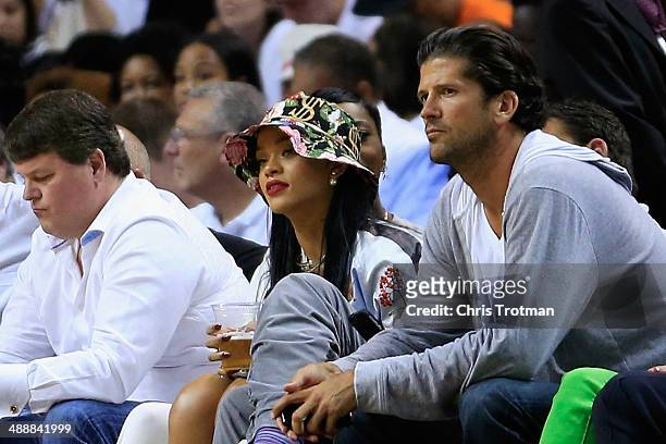 Recording artist Rihanna attends Game Two of the Eastern Conference Semifinals of the 2014 NBA Playoffs between the Brooklyn Nets and the Miami Heat...