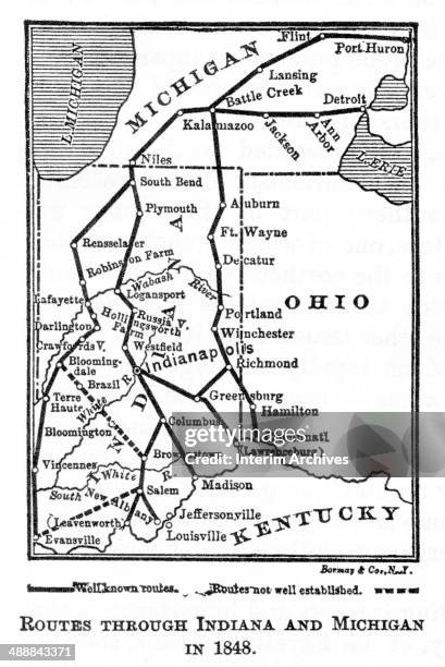 Illustration shows the 'Underground Railroad' routes through, Ohio, Indiana, and Michigan, used by slaves to escape to free states and Canada, 1848....