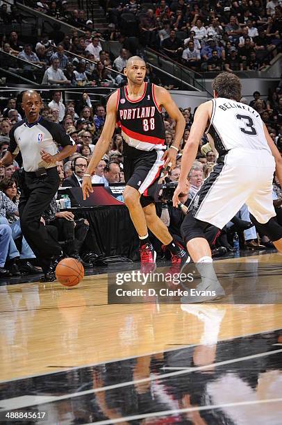 May 8: Nicolas Batum of the Portland Trail Blazers dribbles the ball against the San Antonio Spurs during Game Two of the Western Conference...