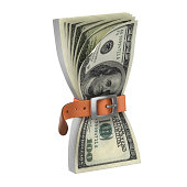 dollars with tighten belt - financial crisis 3d concept
