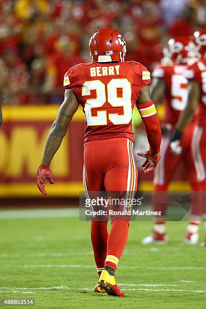 Eric Berry of the Kansas City Chiefs returns to the huddle during game against the Denver Broncos at Arrowhead Stadium on September 17, 2015 in...