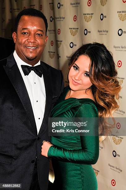 Pitcher Pedro Martinez and singer Becky G poses for a photo during the 2015 Hispanic Heritage Awards at the Warner Theatre on September 17, 2015 in...