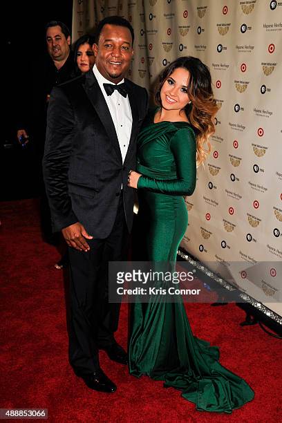 Pitcher Pedro Martinez and singer Becky G poses for a photo during the 2015 Hispanic Heritage Awards at the Warner Theatre on September 17, 2015 in...