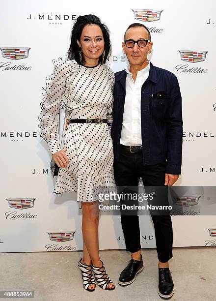 Lisa Airan and designer Gilles Mendel attend J. Mendel Front Row & Backstage Spring 2016 New York Fashion Week at 330 Hudson St on September 17, 2015...