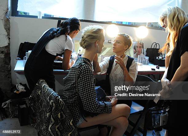 Model prepares backstage during J. Mendel Spring 2016 New York Fashion Week at 330 Hudson St on September 17, 2015 in New York City.