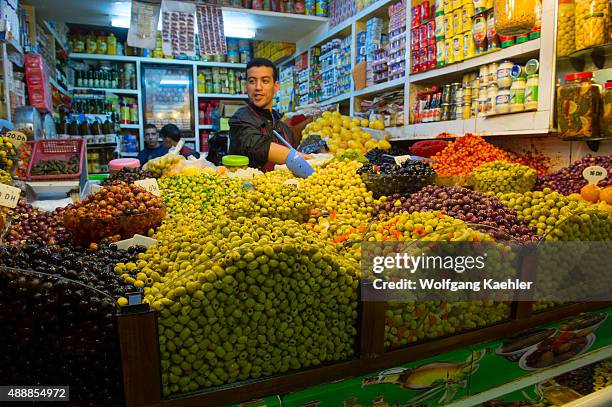 Olives for sale in the souk in the old part of the Moroccan city of Tangier.