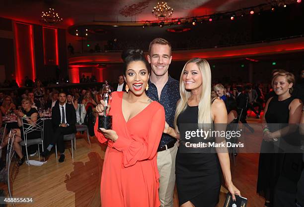 Internet personality Lilly Singh winner of Best First Person Series, actor James Van Der Beek, and internet personality Justine Ezarik, winner of...