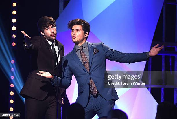 Internet personalities Ian Hecox and Anthony Padilla of Smosh speak onstage at VH1's 5th Annual Streamy Awards at the Hollywood Palladium on...