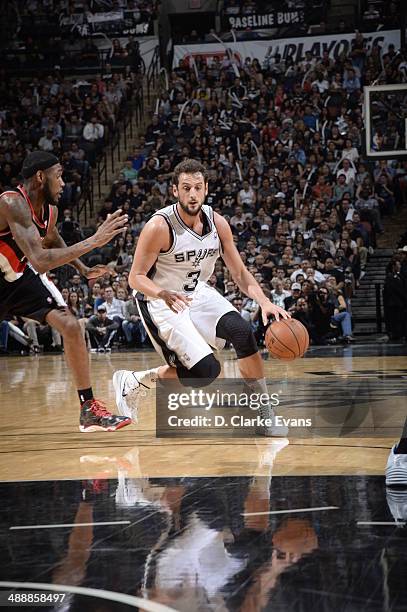 May 8: Marco Belinelli of the San Antonio Spurs dribbles the ball against the Portland Trail Blazers during Game Two of the Western Conference...