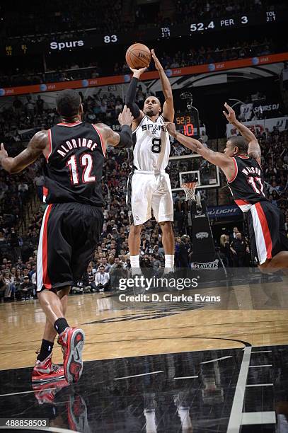 May 8: Patty Mills of the San Antonio Spurs shoots the ball against the Portland Trail Blazers during Game Two of the Western Conference Semifinals...