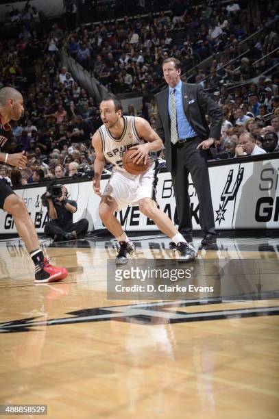 May 8: Manu Ginobili of the San Antonio Spurs looks to pass the ball against the Portland Trail Blazers during Game Two of the Western Conference...