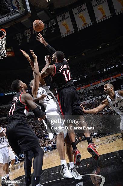 May 8: LaMarcus Aldridge of the Portland Trail Blazers goes up for the shot against the San Antonio Spurs during Game Two of the Western Conference...