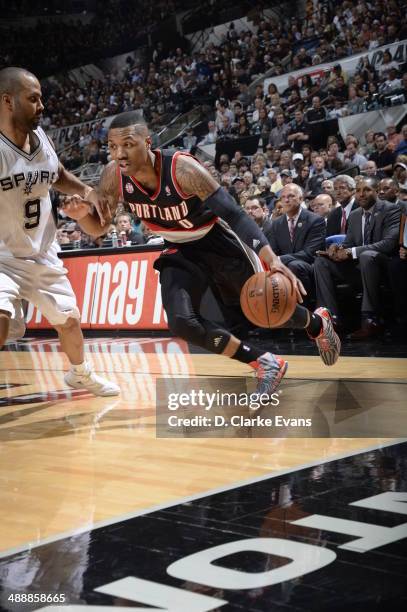 May 8: Damian Lillard of the Portland Trail Blazers drives baseline against the San Antonio Spurs during Game Two of the Western Conference...