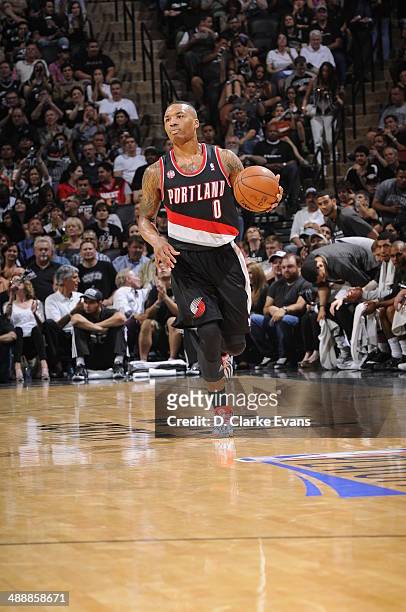 May 8: Damian Lillard of the Portland Trail Blazers dribbles up the court against the San Antonio Spurs during Game Two of the Western Conference...