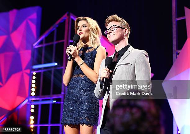 Internet personalities Grace Helbig and Tyler Oakley speak onstage at VH1's 5th Annual Streamy Awards at the Hollywood Palladium on Thursday,...