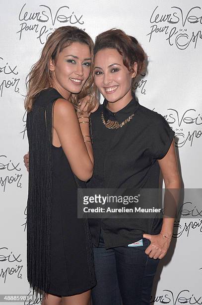Karima Charni and Hedia Charni attend the 'Leurs Voix pour l'Espoir' photocall at L'Olympia on September 17, 2015 in Paris, France.