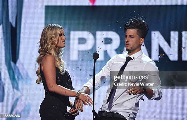 Internet personalities Jeana Smith and Jesse Wellens of Prank vs. Prank accept the award for Best Prank Series at VH1's 5th Annual Streamy Awards at...