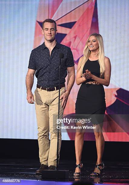 Actor James Van Der Beek and internet personality Justine Ezarik speak onstage at VH1's 5th Annual Streamy Awards at the Hollywood Palladium on...