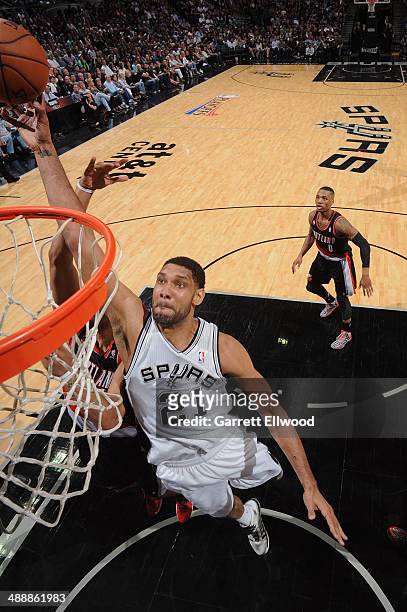 Tim Duncan of the San Antonio Spurs shoots against the Portland Trail Blazers in Game Two of the Western Conference Semifinals during the 2014 NBA...