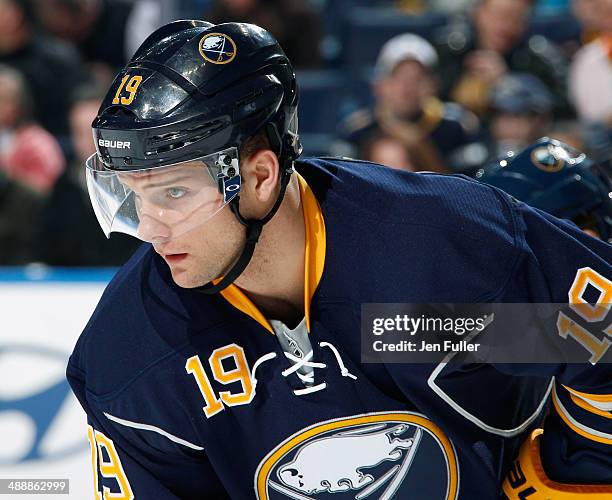 Cody Hodgson of the Buffalo Sabres prepares for a face-off against the Florida Panthers at First Niagara Center on January 21, 2014 in Buffalo, New...