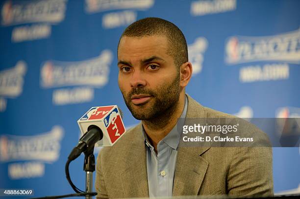 May 8: Tony Parker of the San Antonio Spurs addresses the media after the game against the Portland Trail Blazers .Game Two of the Western Conference...