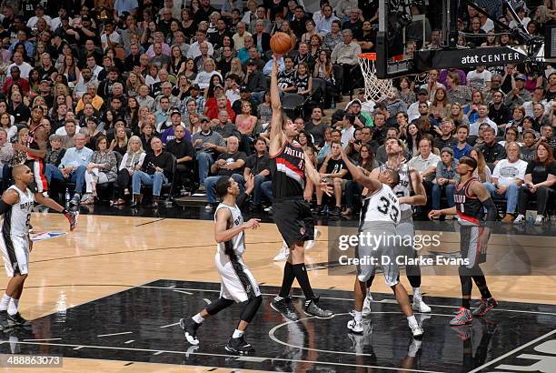 May 8: Robin Lopez of the Portland Trail Blazers goes up for the shot against the San Antonio Spurs during Game Two of the Western Conference...