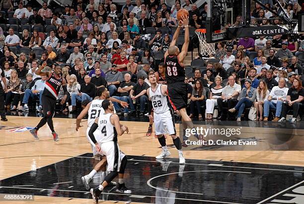 May 8: Nicolas Batum of the Portland Trail Blazers goes up for the dunk against the San Antonio Spurs during Game Two of the Western Conference...