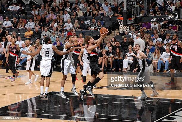 May 8: Robin Lopez of the Portland Trail Blazers goes up for the layup against the San Antonio Spurs during Game Two of the Western Conference...