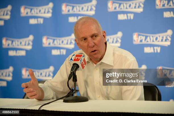 May 8: Head Coach Gregg Popovich of the San Antonio Spurs addresses the media after the game against the Portland Trail Blazers . In Game Two of the...