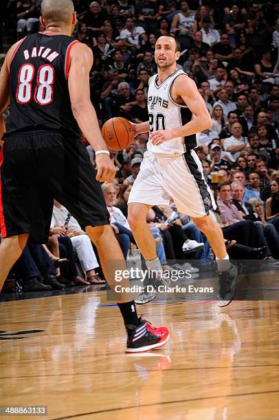 May 8: Manu Ginobili of the San Antonio Spurs dribbles up the court against the Portland Trail Blazers during Game Two of the Western Conference...