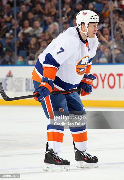 Matt Carkner of the New York Islanders prepares for a face-off against the Buffalo Sabres at First Niagara Center on April 13, 2014 in Buffalo, New...