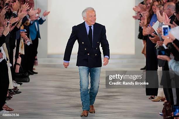 Designer Ralph Lauren greets the audience at the finale of the Ralph Lauren Runway Spring 2016 New York Fashion Week: The Shows at Skylight Clarkson...