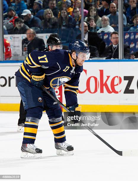 Linus Omark of the Buffalo Sabres prepares for a face-off against the Florida Panthers at First Niagara Center on January 21, 2014 in Buffalo, New...