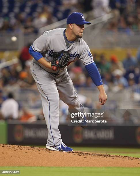 Pitcher Paul Maholm of the Los Angeles Dodgers throws against the Miami Marlins at Marlins Park on May 3, 2014 in Miami, Florida. The Dodgers...