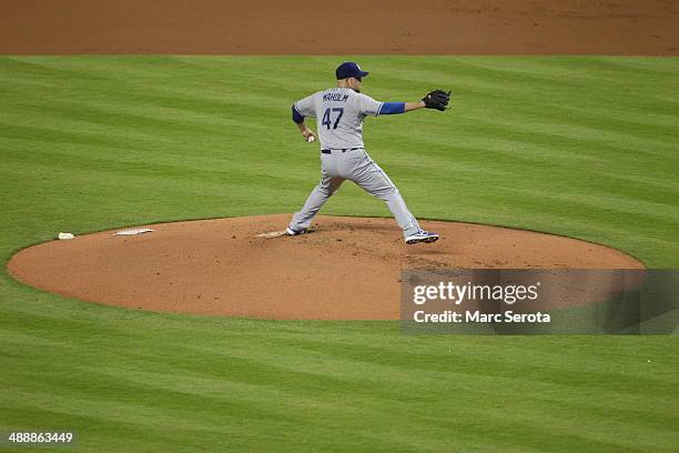Pitcher Paul Maholm of the Los Angeles Dodgers throws against the Miami Marlins at Marlins Park on May 3, 2014 in Miami, Florida. The Dodgers...