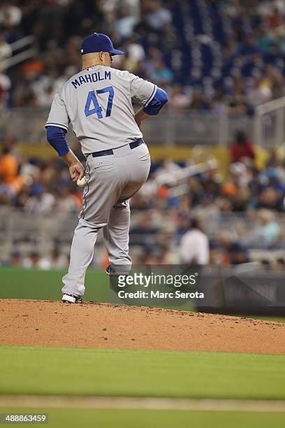 Pitcher Paul Maholm of the Los Angeles Dodgers throws against the Miami Marlins at Marlins Park on May 3, 2014 in Miami, Florida. The Dodgers...