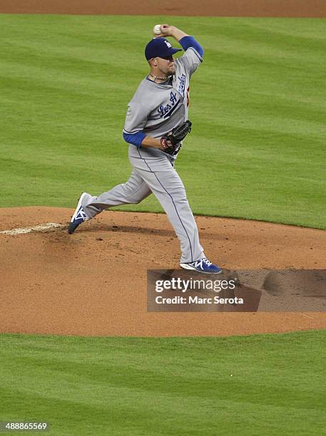 Pitcher Paul Maholm of the Los Angeles Dodgers throws against the Miami Marlins at Marlins Park on May 3, 2014 in Miami, Florida. The Dodgers...