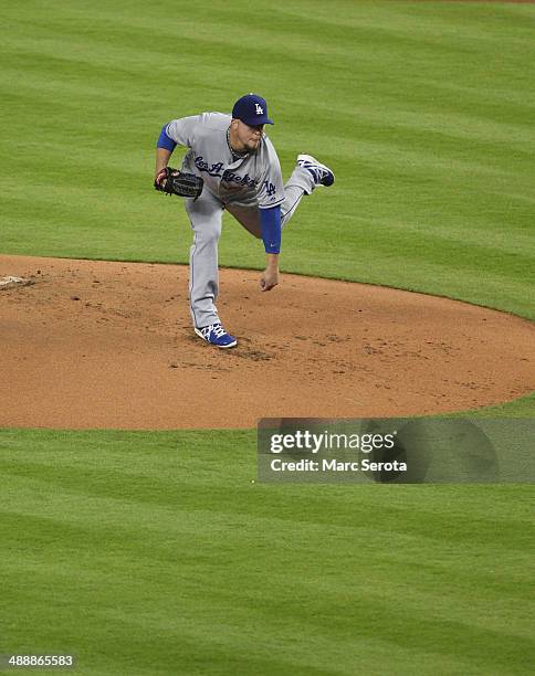 Pitcher Paul Maholm of the Los Angeles Dodgers throws against the Miami Marlins at Marlins Park on May 3, 2014 in Miami, Florida. The Dodgers...