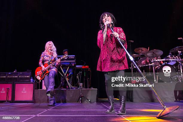 Guitarist Nancy Wilson and vocalist Ann Wilson of Heart perform at The Masonic Auditorium on September 17, 2015 in San Francisco, California.