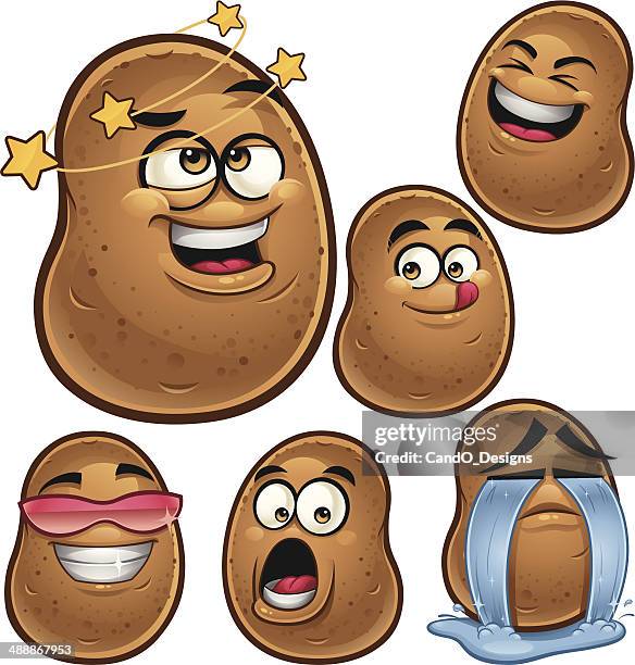 ilustraciones, imágenes clip art, dibujos animados e iconos de stock de conjunto de dibujos animados de la patata - potato smiley faces