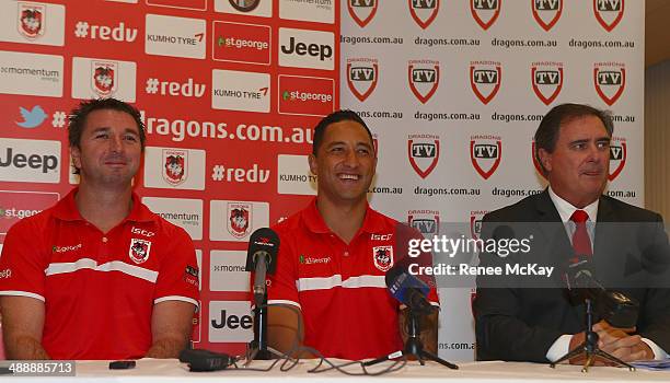 Dragons coach Steve Price, Benji Marshall and CEO Peter Doust speak to the media during a St George Illawarra Dragons NRL press conference at Kogarah...