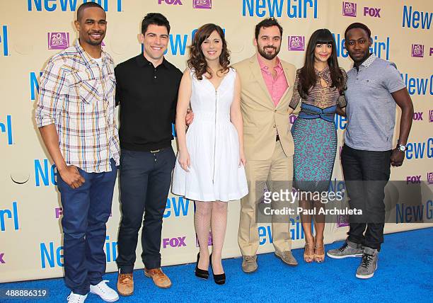 Actors Damon Wayans Jr., Max Greenfield, Zooey Deschanel, Jake Johnson, Hannah Simone and Lamorne Morris attend the "New Girl" season 3 screening and...
