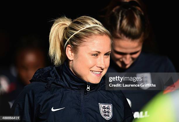 Steph Houghton of England walks out to warm up for the Women's World Cup Group Six Qulifier between England and Ukraine at Greenhous Meadow on May 8,...