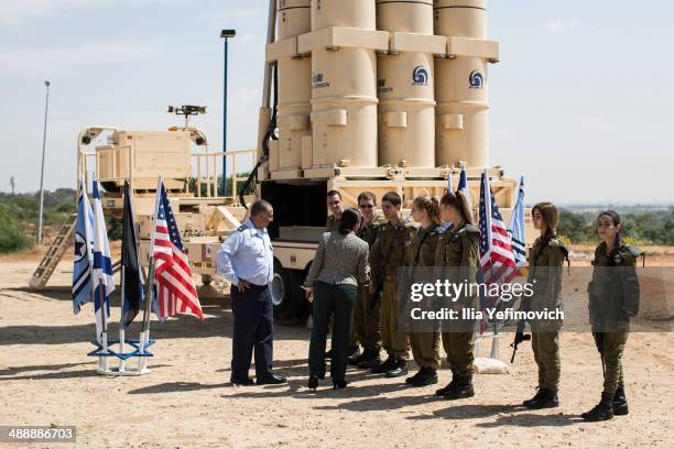 National Security Adviser, Susan Rice speaks with Israeli soldiers next to the Israeli missile system "Arrow II" before her speech at the Palmachim...