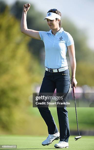 Sandra Gal of team Europe celebrates holeing a putt during the morning foursomes The Solheim Cup at St Leon-Rot Golf Club on September 18, 2015 in St...