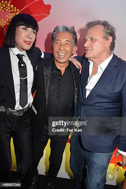 Chantal Thomass, Kenzo Takada and Jean Charles de Castelbajac attend the Kenzo Takada Celebrates 50 Years of Life in Paris at Le Pre Catalan on...