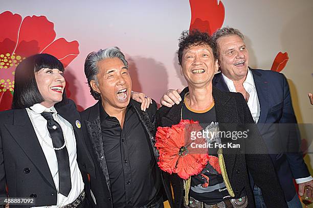 Chantal Thomass, Kenzo Takada, Irie and Jean Charles de Castelbajac attend the Kenzo Takada Celebrates 50 Years of Life in Paris at Le Pre Catalan on...