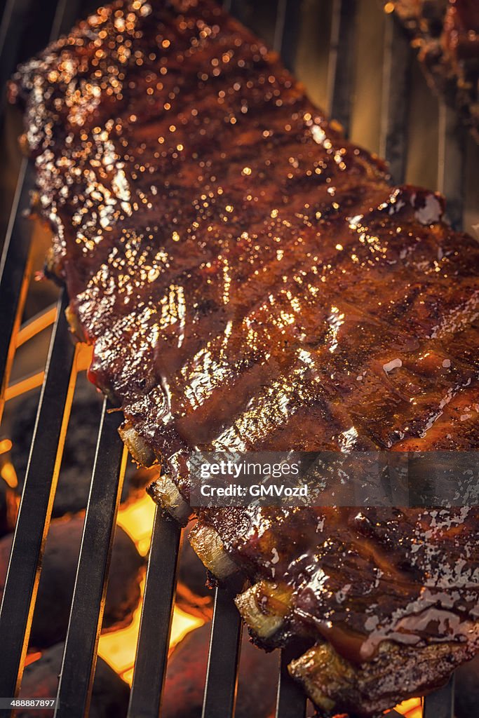 Marinated BBQ Pork Ribs on Barbecue Grill